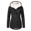 Women black hooded fleece lined winter parka coat, warm thick outerwear with fur collar. - S / Tops / Black