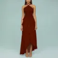 Burgundy pleated halter neck maxi dress detail showing asymmetric ruffle design for party. - XS / Burgundy