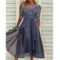 Elegant grey chiffon lace patchwork midi dress women evening party bridesmaid dress long sleeve - S / Purple