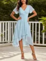 Light blue chiffon dress featuring a V-neck, flutter sleeves, and a high-low hemline. - Light Blue
