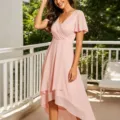 Pink chiffon wrap midi dress short sleeve high low hemline elegant casual detail view - Pink