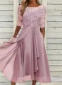 Elegant lace patchwork chiffon midi dress, perfect for evening parties and bridesmaid events. - Pink