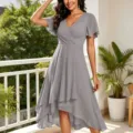Details of the elegant grey V-neck chiffon midi dress with stylish high-low flutter sleeves. - Light Gray