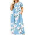 Φόρεμα maxi floral με στρογγυλή λαιμόκοψη και κοντό μανίκι plus size, καλοκαιρινό λεπτομέρεια - Νέο γαλάζιο