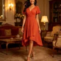 Elegant rust orange V-neck wrap high-low midi dress for women evening party wear. - S / Orange Red