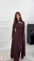 Dark brown chiffon spliced long sleeve slim fit elegant maxi dress for women elegant style - Coffee