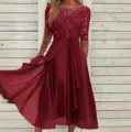 Elegant burgundy lace spliced chiffon midi dress with half sleeves for evening party. - Burgundy