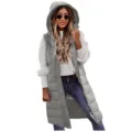 Women's Grey Long Hooded Puffer Vest Casual Sleeveless Winter Warm Outwear Cotton Waistcoat - Light Gray
