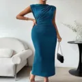 Sleeveless ruched bodycon maxi dress for women elegant slim fit summer dress fashion wear - S / Blue