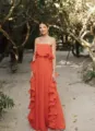 Sommer amerikanischer Stil trägerlos plissiert Rüschen lang Kleid Chiffon orange - S / Kleider / Orangerot