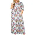 Καλοκαιρινό plus size φόρεμα μάξι με λουλουδάτο print στρογγυλή λαιμόκοψη κοντό μανίκι - L / Λευκό