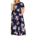 Plus size λουλουδάτο κοντομάνικο μάξι φόρεμα σε σκούρο μπλε, καλοκαιρινό casual. - Ναυτικό μπλε