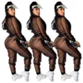 Sexy women black sheer mesh hooded jumpsuit clubwear transparent long sleeve bodysuit. - 2XL / Black