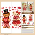 Valentine's Day teddy bear window stickers featuring red hearts and rose bouquets - Couple Bear Rose Set / 2 Pieces/Pack (35x80cm)