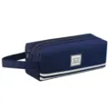 Large capacity double layer canvas pencil case with handle and zipper for students. - Navy Blue