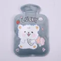 Mini plush hot water bag with cute bear print, soft fleece hand warmer for winter. - Lake Blue - Large Cute Bear