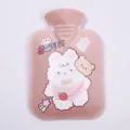Cute pink plush hot water bag with sweet cartoon animal print, soft winter hand warmer. - Pink - Large Chubby Girl