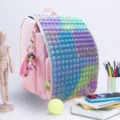 Sac a dos d'ecole pop it arc-en-ciel rose grande capacite impermeable avec charmant pendentif - Rose Holographique