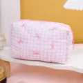 Trousse de maquillage à carreaux rose, pochette matelassée nœud mignon, trousse de toilette. - Nœud Rose