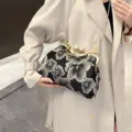 Vintage Chinese style floral embroidered shoulder bag with pearl clasp and chain strap - Black