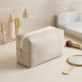 Gestreifte Canvas Kosmetiktasche Beige Make-up Tasche Tragbarer Reise Kulturbeutel Etui - Beige Gestreift