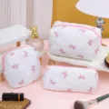 Trousse de maquillage matelassée avec nœud grande capacité pochette cosmétique mignonne - Trousse de maquillage 18*12*10 / Nœud Rose sur Fond Blanc
