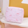 Trousse de maquillage matelassée à carreaux rose sac de rangement mignon avec nœud - Rose avec Papillon