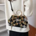 Elegant vintage velvet floral handbag with golden ring handle for formal evening dress - Colorful