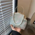 Elegant light blue silk brocade bag with pearl handle for Hanfu dress - Green