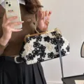 Elegant black and white floral embroidered velvet handbag with gold ring handle - White