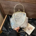 Elegant vintage floral silk handbag with pearl handle and gold chain strap for Hanfu - Blue