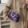 Elegant vintage Chinese style purple embroidered handbag with luxury pearl handle and chain - Black