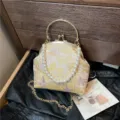 Elegant vintage floral silk Hanfu bag with luxury pearl handle and gold chain strap - Pink