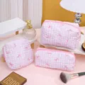 Pink plaid makeup bag set with cute bow print, large capacity portable cosmetic pouch for women. - Pink Bow