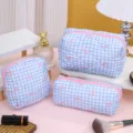 Blue white plaid cosmetic bag set with cute pink bows, large capacity travel makeup pouch. - Blue Background Pink Bow