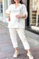 Ensemble deux pieces ample imprime de lettres, haut tendance et pantalon long confortable. - S / Haut et bas / Blanc