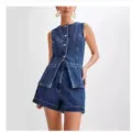 Vue détaillée de l'ensemble gilet en denim sans manches et short pour femme bleu foncé. - S / Haut et bas / Bleu