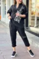 Ensemble deux pieces noir avec imprime lettres, haut a manches mi-longues et pantalon large. - S / Haut et bas / Noir