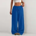 Women casual royal blue high waist drawstring crinkled wide leg trousers detail view - S / Blue