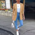 Casual camel long sleeve lapel double breasted blazer jacket for women street style detail. - S / Khaki