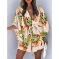 Women V-Neck Tropical Leaf Print Beach Dress Summer Drawstring Casual Cover Up Apparel - S / Flower Style 3
