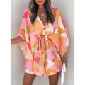 Women Summer V-Neck Drawstring Geometric Print Beach Dress Casual Short Sleeve Vacation Wear - S / Rose