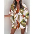 Tropical leaf print beach dress detail, V-neck drawstring waist and chic batwing sleeves. - Flower Style 5