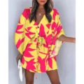 Summer V-neck beach dress with drawstring waist and abstract floral print for women. - Floral 10