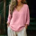 Top da donna casual ampio a maniche lunghe con collo a V, ideale per la primavera estate. - Taglia S / Rosa