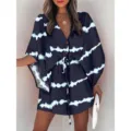Detailed view of women's v-neck tie-dye beach dress with batwing sleeves and drawstring waist. - Flower 12
