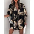 Women Summer V-Neck Drawstring Leaf Print Beach Dress Casual Batwing Sleeve Mini Dress - Floral 13