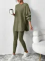 Women Ribbed Knit Hooded Long Sleeve Top and Pants Casual Two Piece Set Green Autumn - S / Army Green