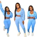 Women 3-piece activewear set summer sports bra crop top jacket and high waist yoga leggings. - S / Top And Bottom / Blue