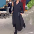 Casual black long sleeve V-neck maxi dress, loose fit design for autumn daily wear. - S / Black